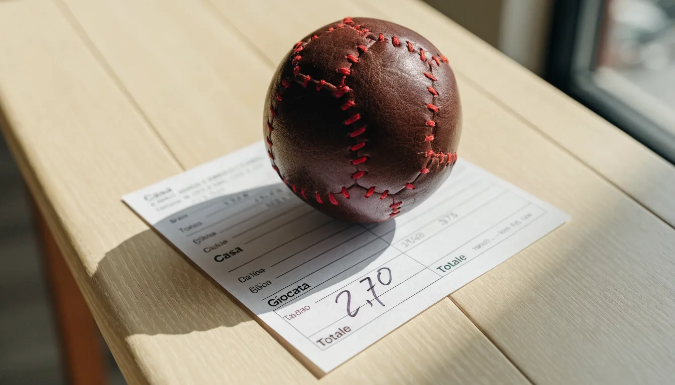 Un pallone da calcio appoggiato su una schedina bianca su un tavolo di legno, alla luce del giorno