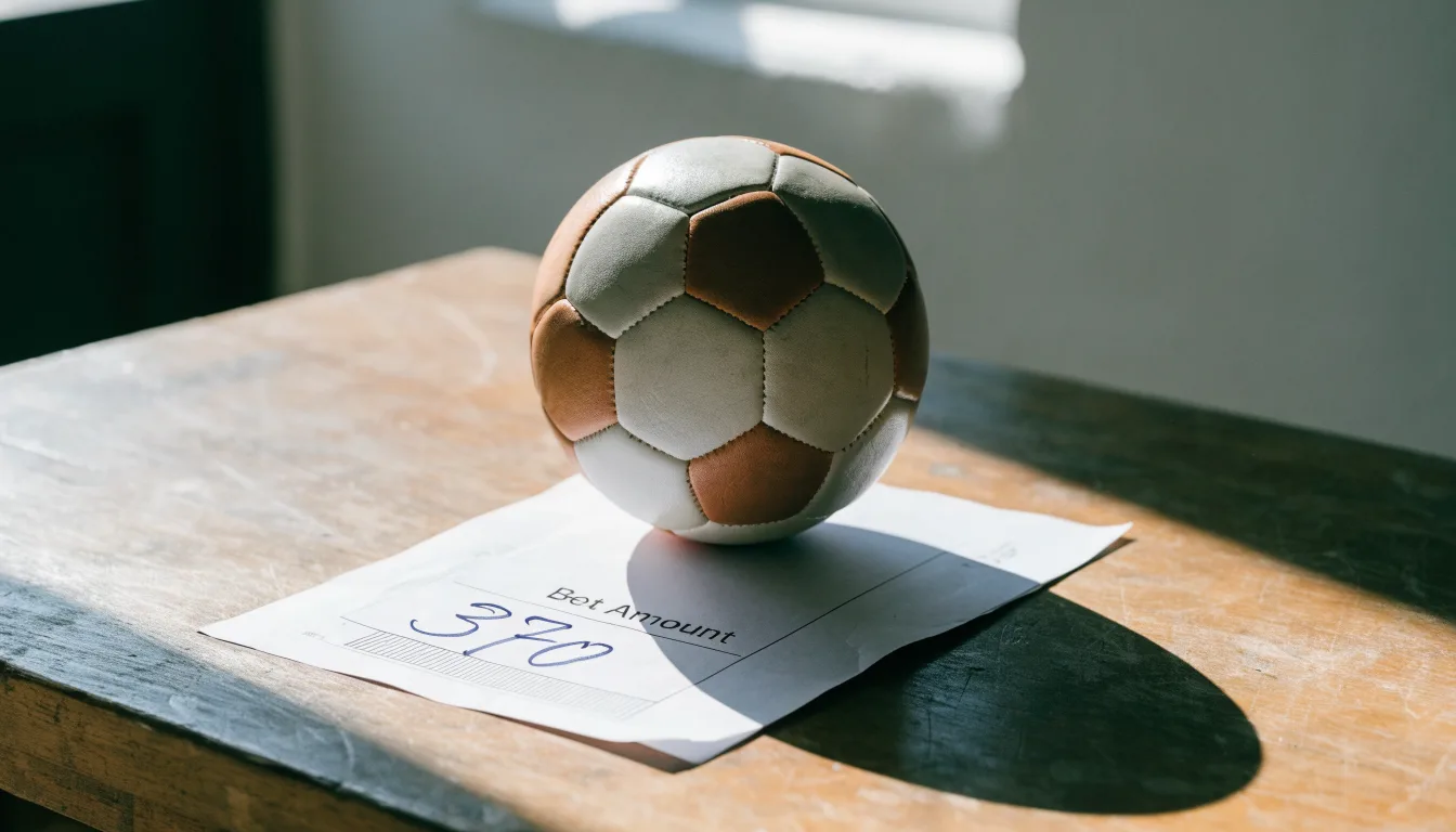 Un pallone da calcio appoggiato su una schedina bianca su un tavolo di legno, alla luce del giorno
