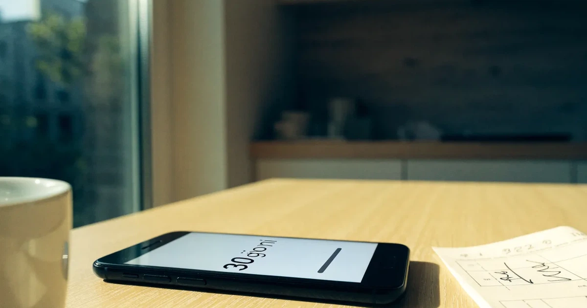 Un documento di identità appoggiato accanto a uno smartphone con un timer sullo schermo, su un tavolo da cucina