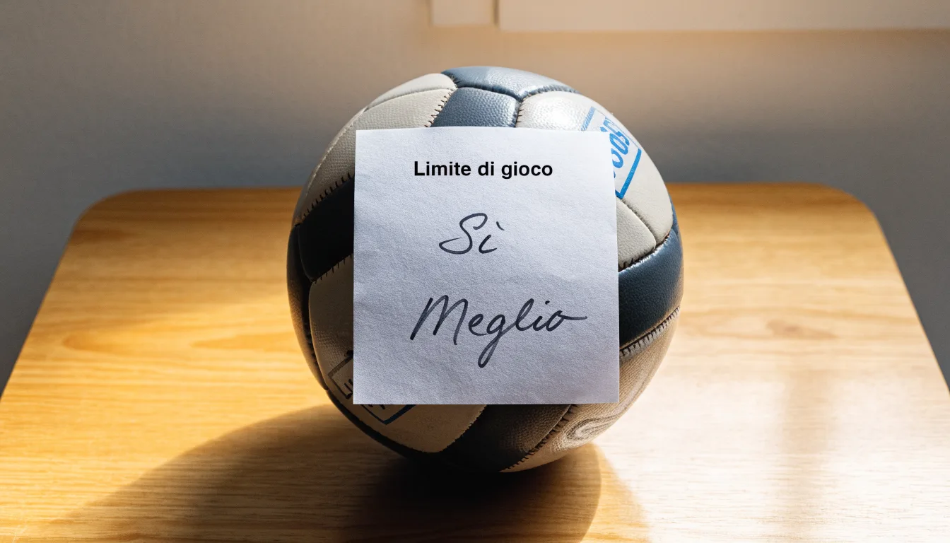 Un pallone da calcio appoggiato su una schedina bianca su un tavolo di legno, alla luce del giorno