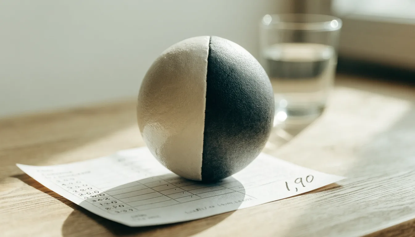 Un pallone da calcio appoggiato su una schedina bianca su un tavolo di legno, alla luce del giorno