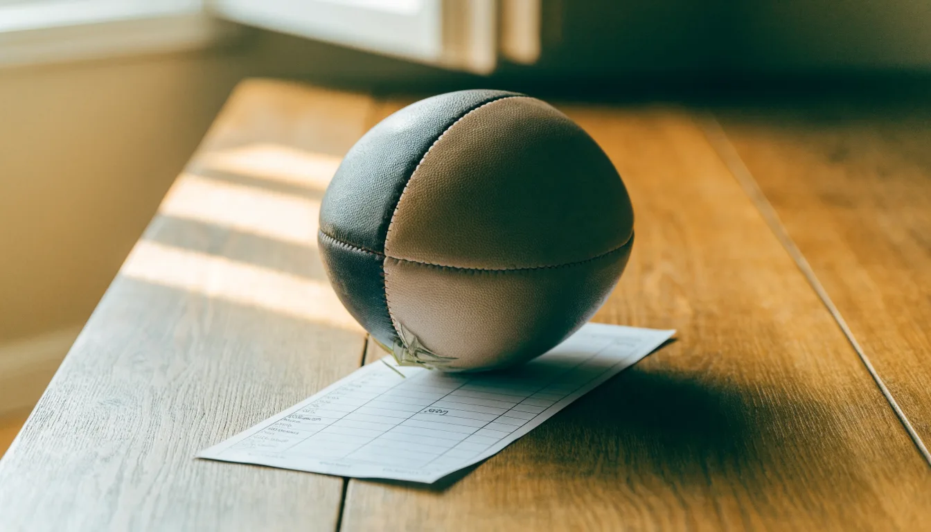 Un pallone da calcio appoggiato su una schedina bianca su un tavolo di legno, alla luce del giorno