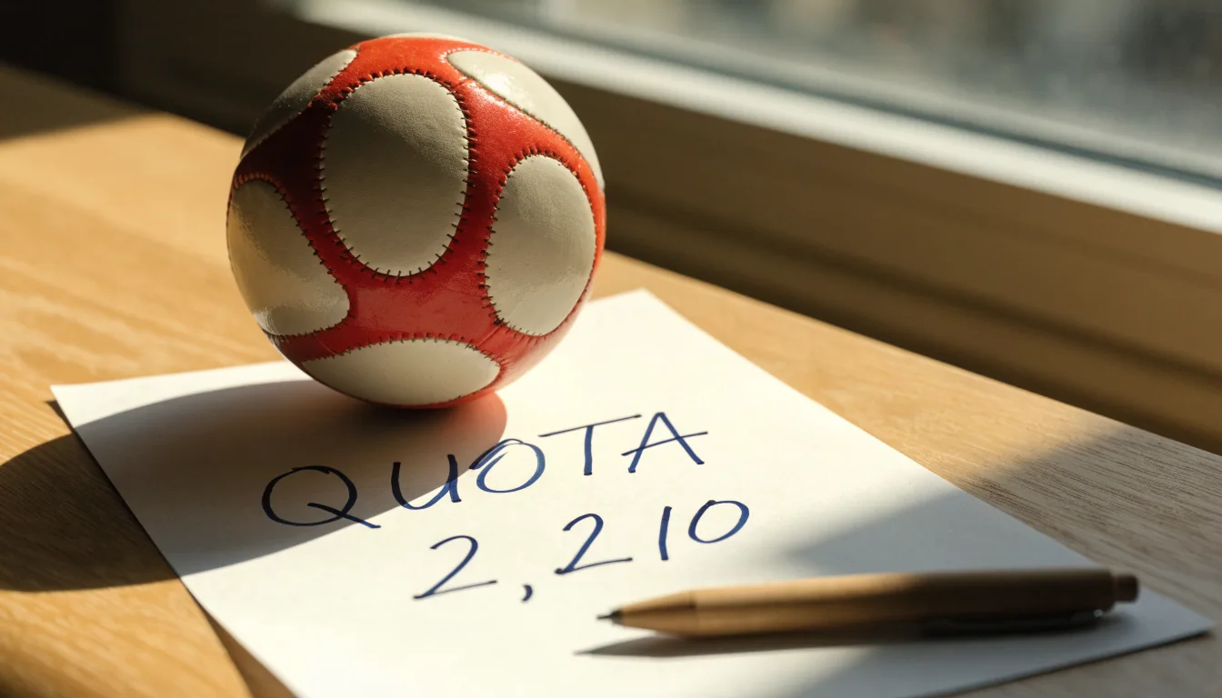 Un pallone da calcio appoggiato su una schedina bianca su un tavolo di legno, alla luce del giorno