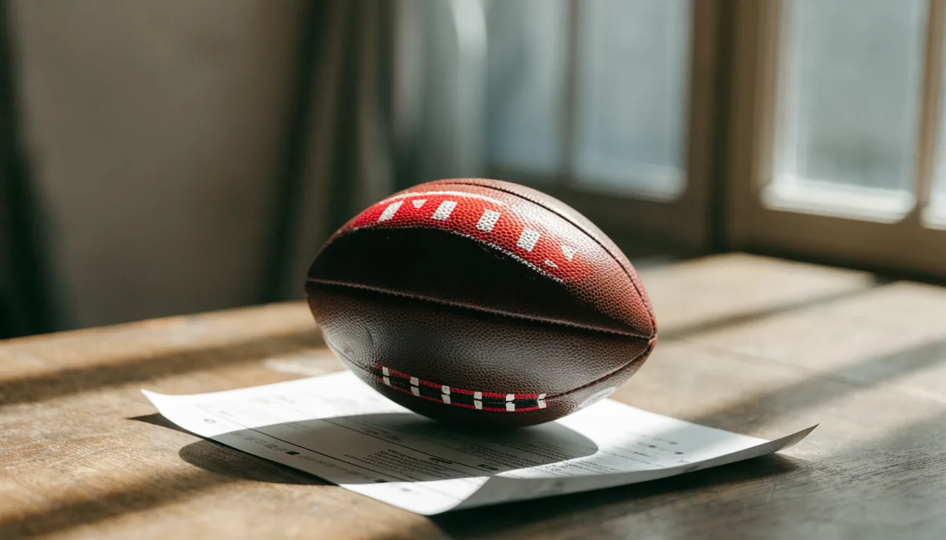 Un pallone da calcio appoggiato su una schedina bianca su un tavolo di legno, alla luce del giorno