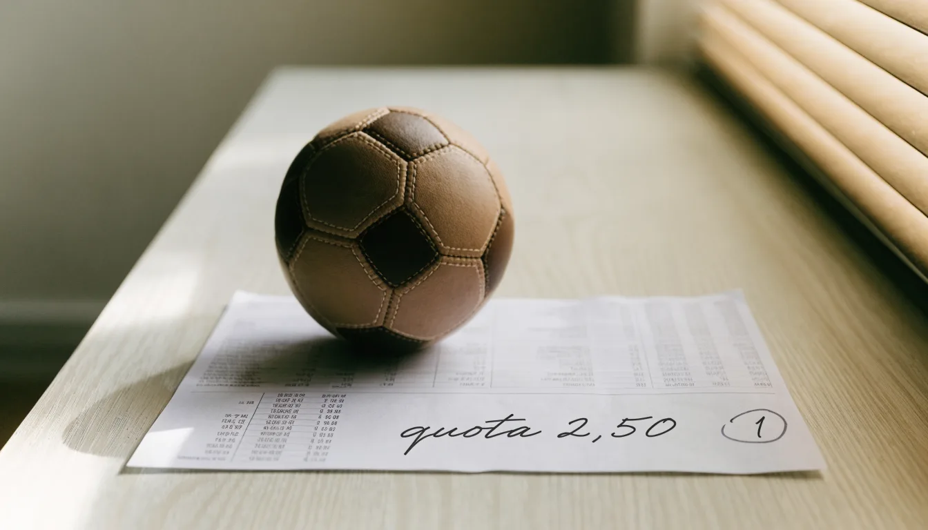 Un pallone da calcio appoggiato su una schedina bianca su un tavolo di legno, alla luce del giorno
