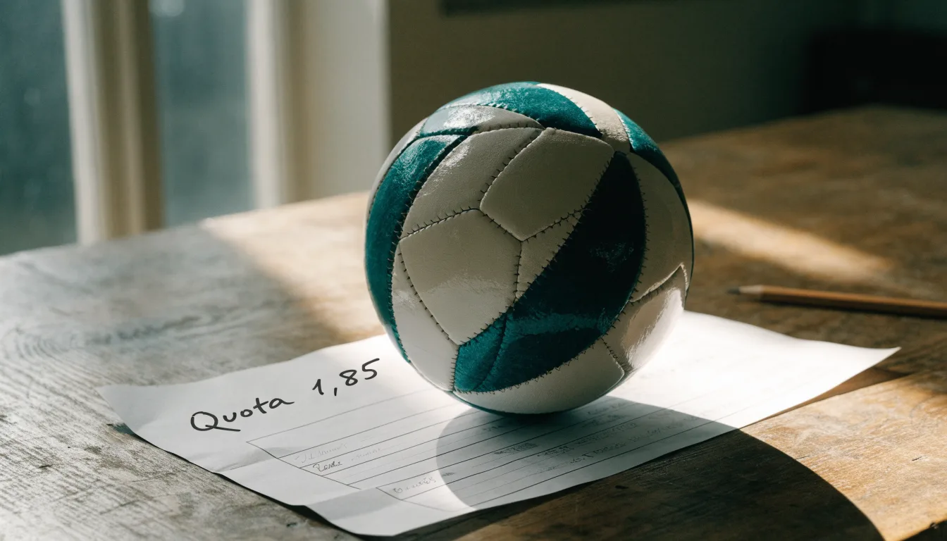 Un pallone da calcio appoggiato su una schedina bianca su un tavolo di legno, alla luce del giorno