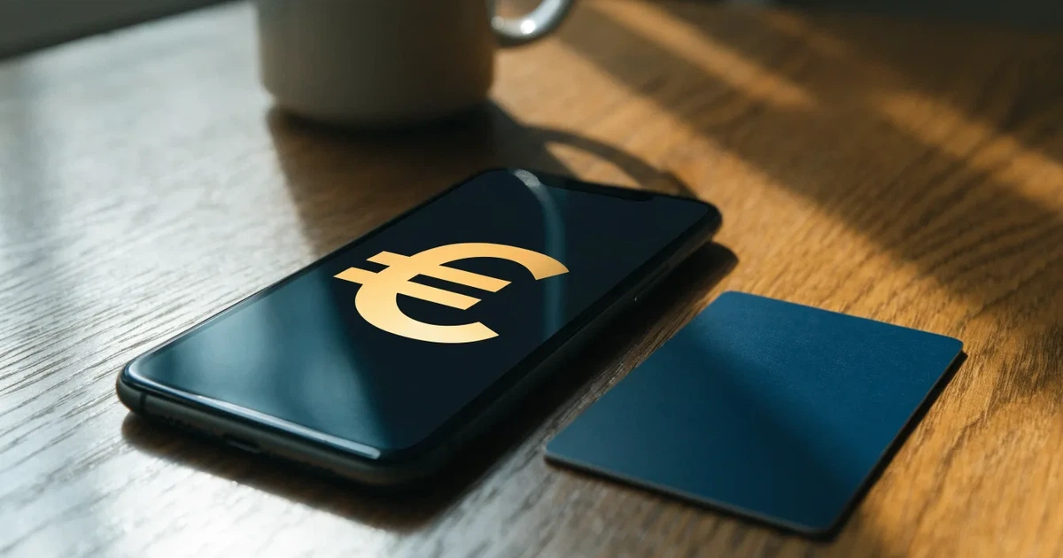 Uno smartphone e una carta di pagamento affiancati su un tavolo di legno, con alcune banconote da euro accanto
