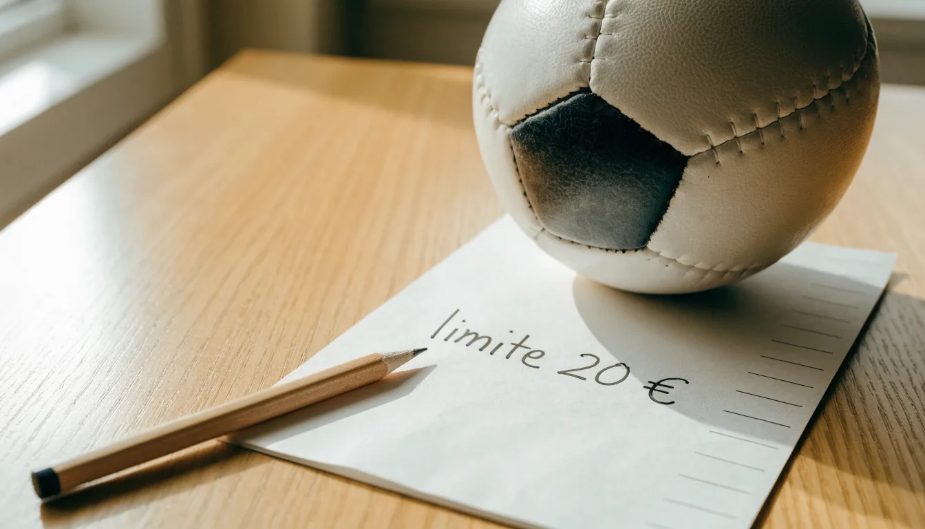 Un pallone da calcio appoggiato su una schedina bianca su un tavolo di legno, alla luce del giorno