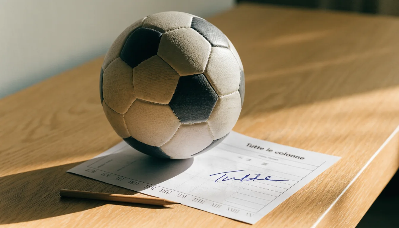 Un pallone da calcio appoggiato su una schedina bianca su un tavolo di legno, alla luce del giorno
