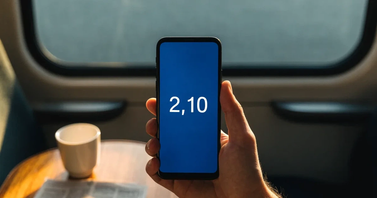 Una mano che tiene uno smartphone con una scommessa sullo schermo, su un treno nel tardo pomeriggio