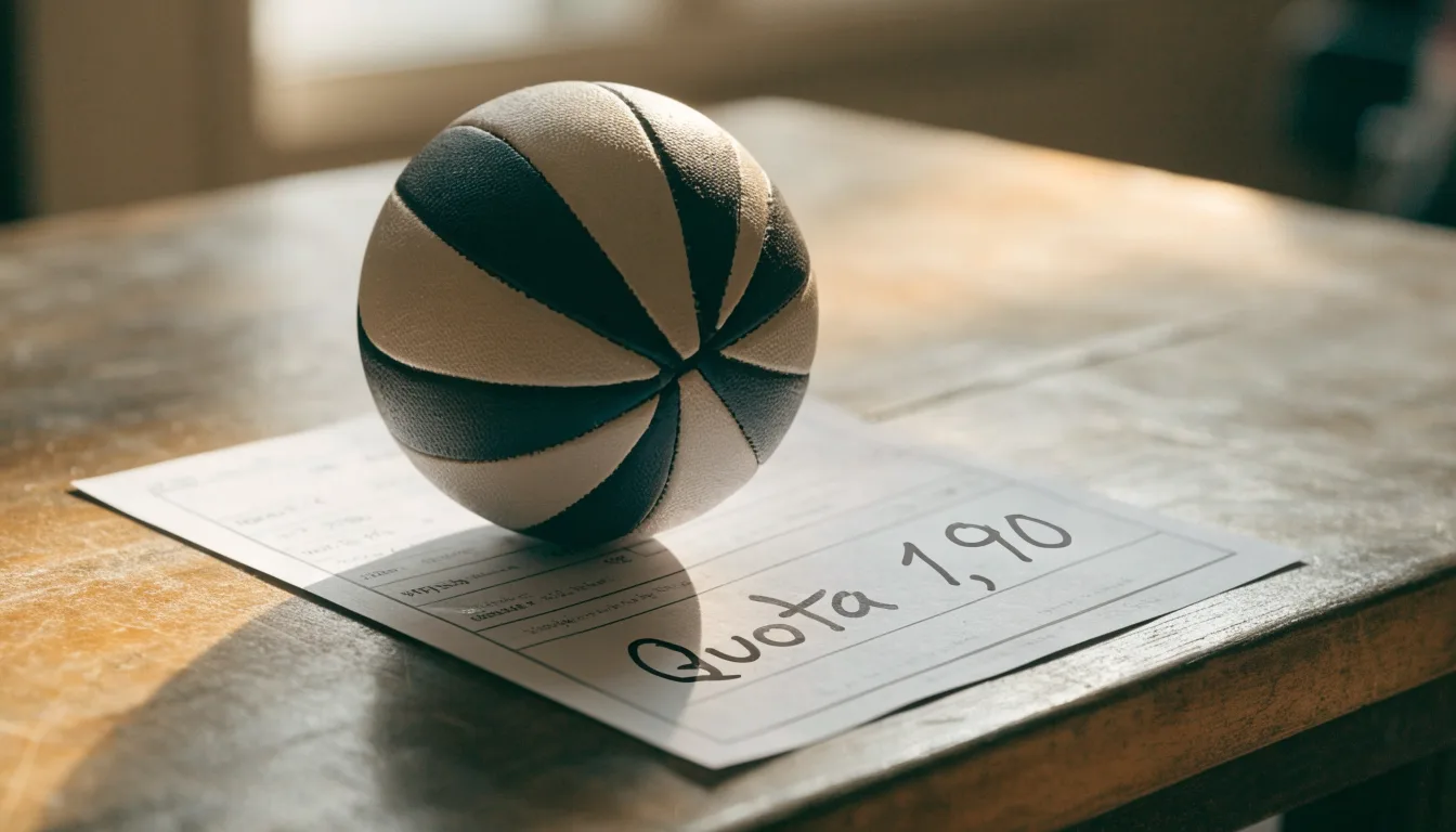 Un pallone da calcio appoggiato su una schedina bianca su un tavolo di legno, alla luce del giorno