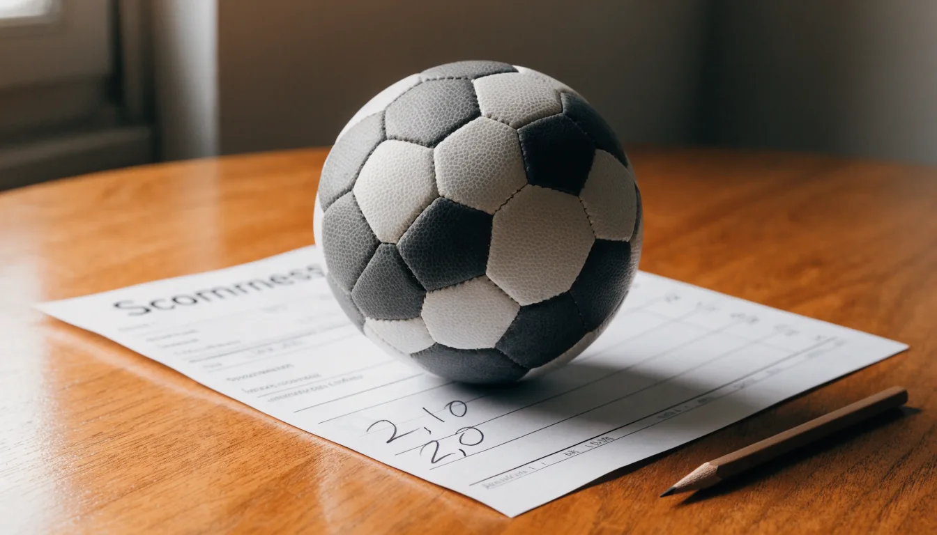 Un pallone da calcio appoggiato su una schedina bianca su un tavolo di legno, alla luce del giorno