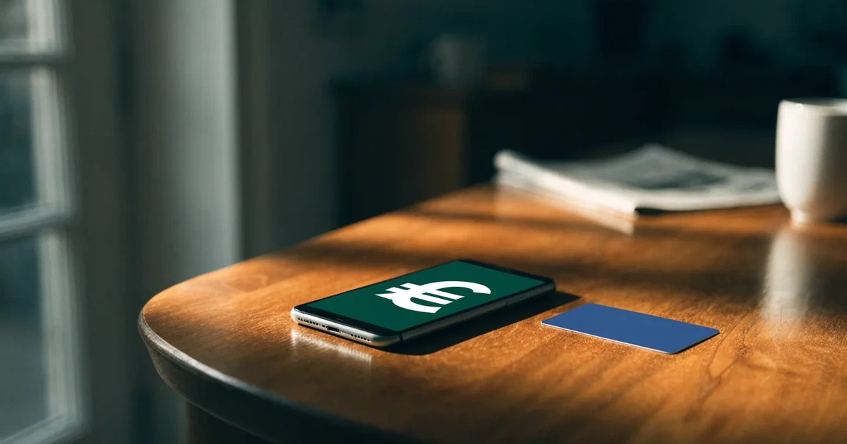 Uno smartphone e una carta di pagamento affiancati su un tavolo di legno, con alcune banconote da euro accanto