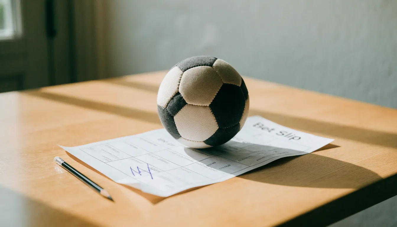 Un pallone da calcio appoggiato su una schedina bianca su un tavolo di legno, alla luce del giorno