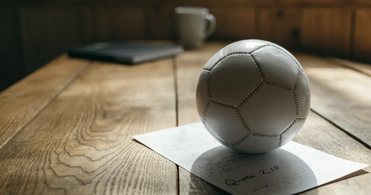 Un pallone da calcio appoggiato su una schedina bianca su un tavolo di legno, alla luce del giorno