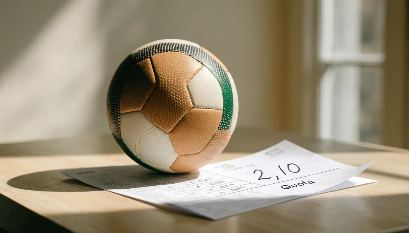 Un pallone da calcio appoggiato su una schedina bianca su un tavolo di legno, alla luce del giorno