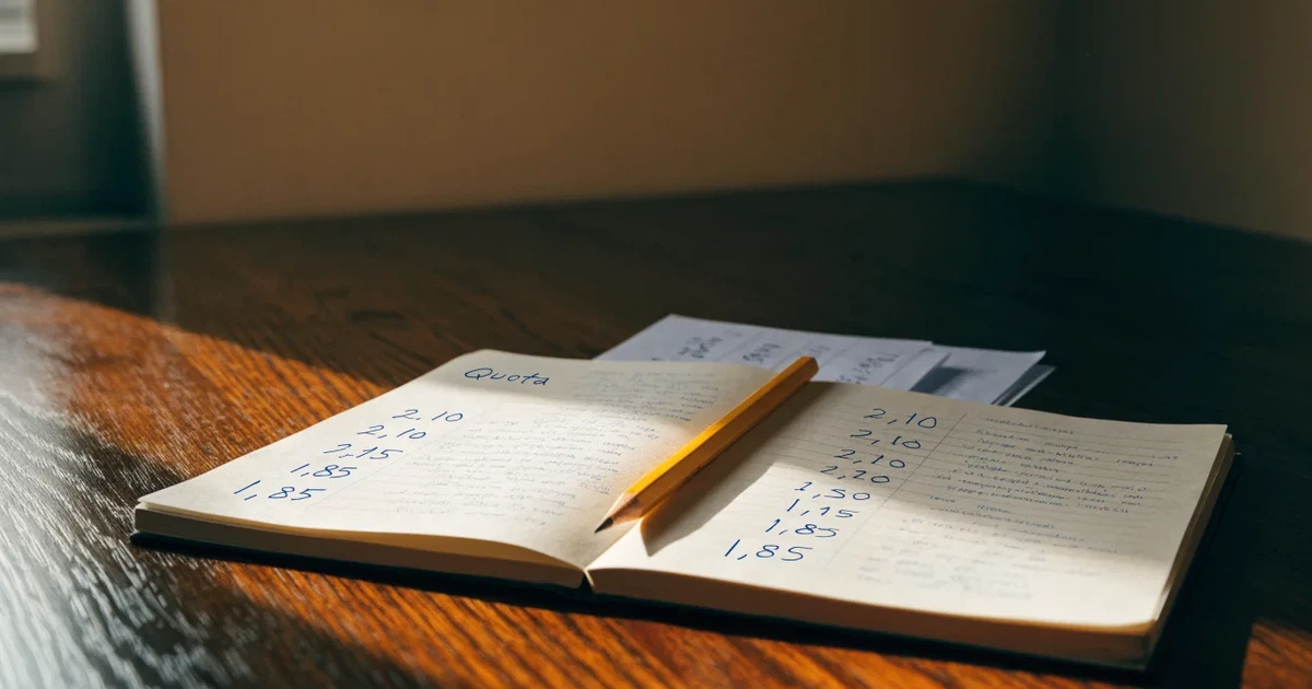 Un quaderno aperto con quote scritte a mano, una calcolatrice e una matita su un tavolo di legno