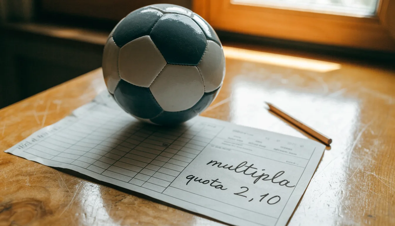 Un pallone da calcio appoggiato su una schedina bianca su un tavolo di legno, alla luce del giorno