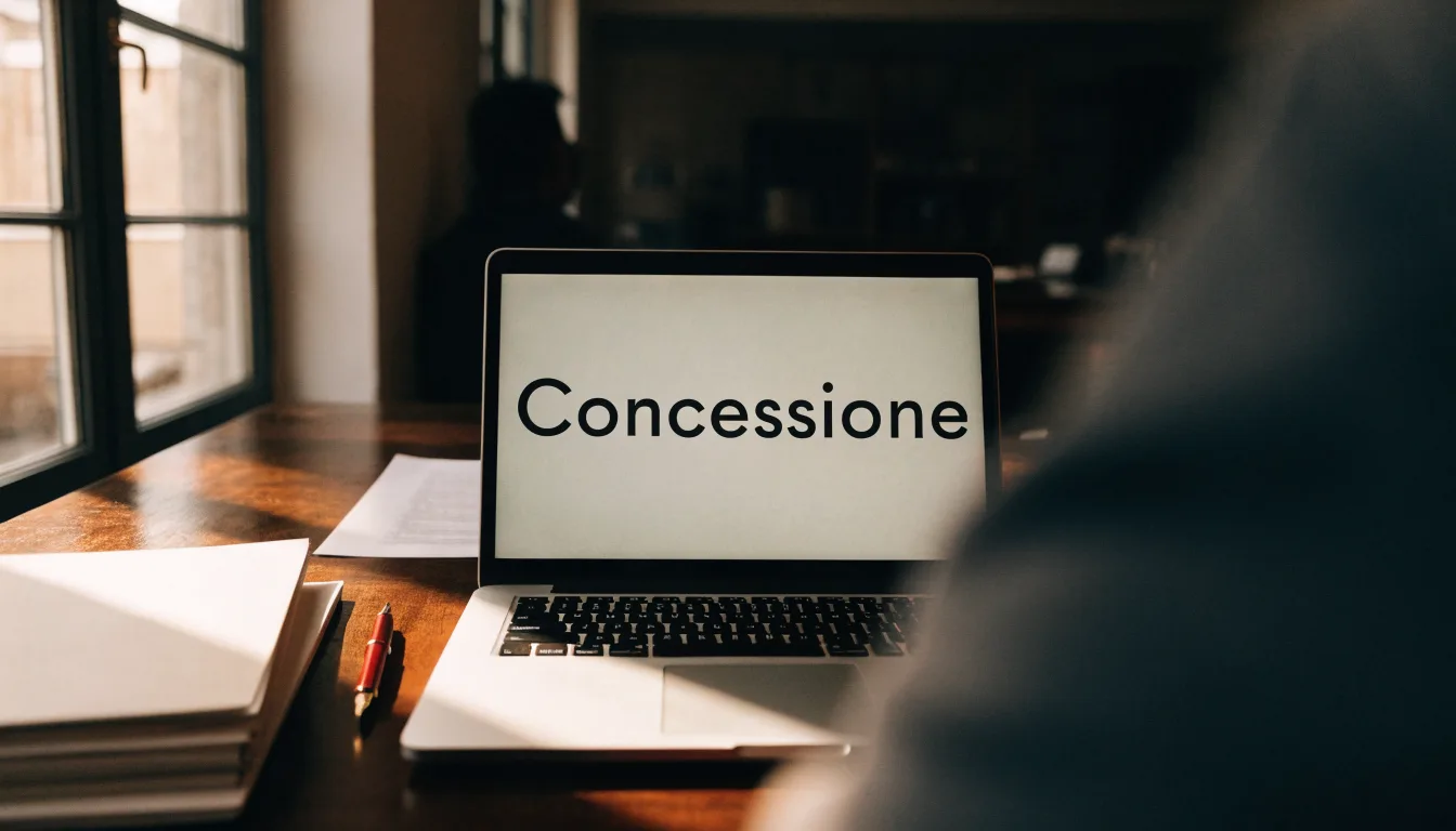 Un foglio di concessione in carta con un timbro rosso, appoggiato su una scrivania di legno accanto a una penna