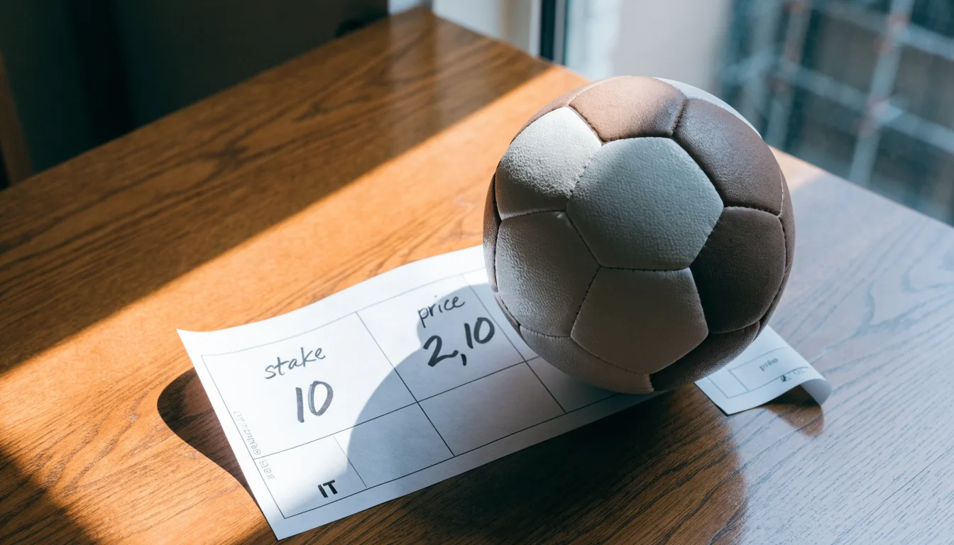 Un pallone da calcio appoggiato su una schedina bianca su un tavolo di legno, alla luce del giorno