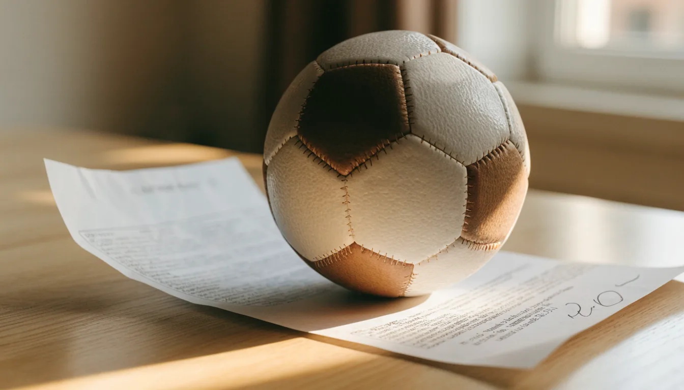 Un pallone da calcio appoggiato su una schedina bianca su un tavolo di legno, alla luce del giorno