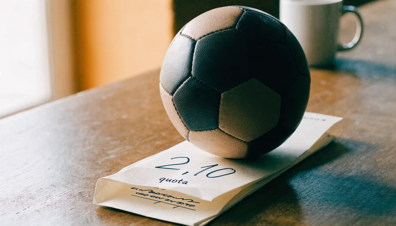 Un pallone da calcio appoggiato su una schedina bianca su un tavolo di legno, alla luce del giorno