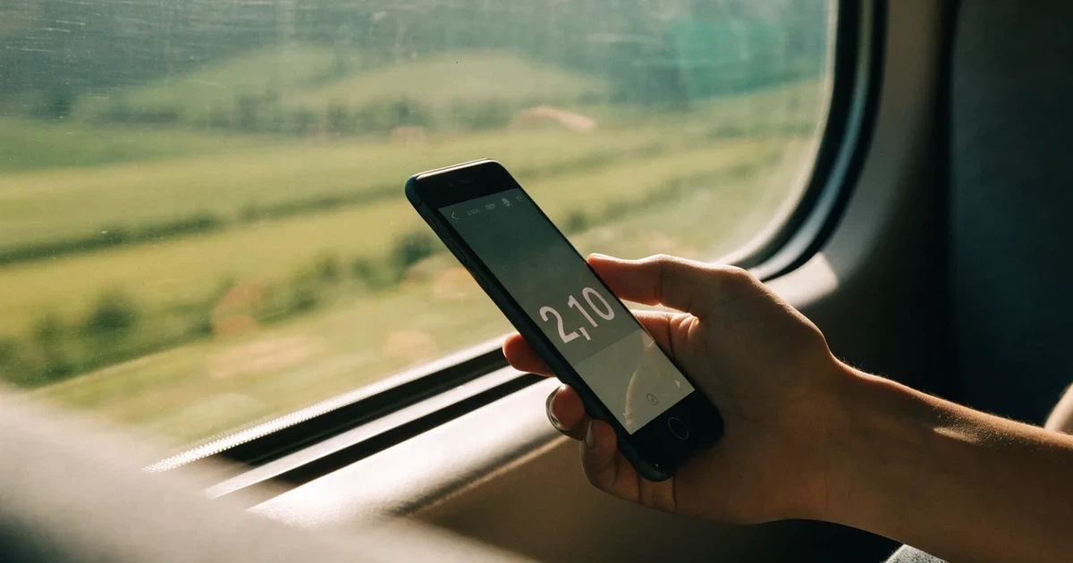 Una mano che tiene uno smartphone con una scommessa sullo schermo, su un treno nel tardo pomeriggio