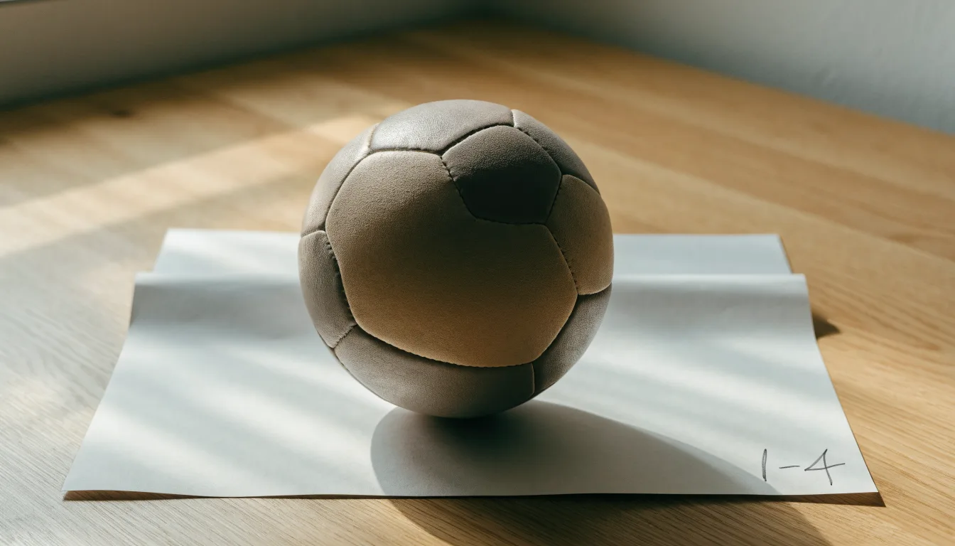Un pallone da calcio appoggiato su una schedina bianca su un tavolo di legno, alla luce del giorno