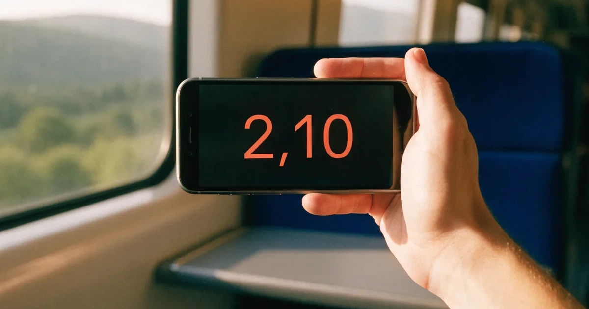 Una mano che tiene uno smartphone con una scommessa sullo schermo, su un treno nel tardo pomeriggio