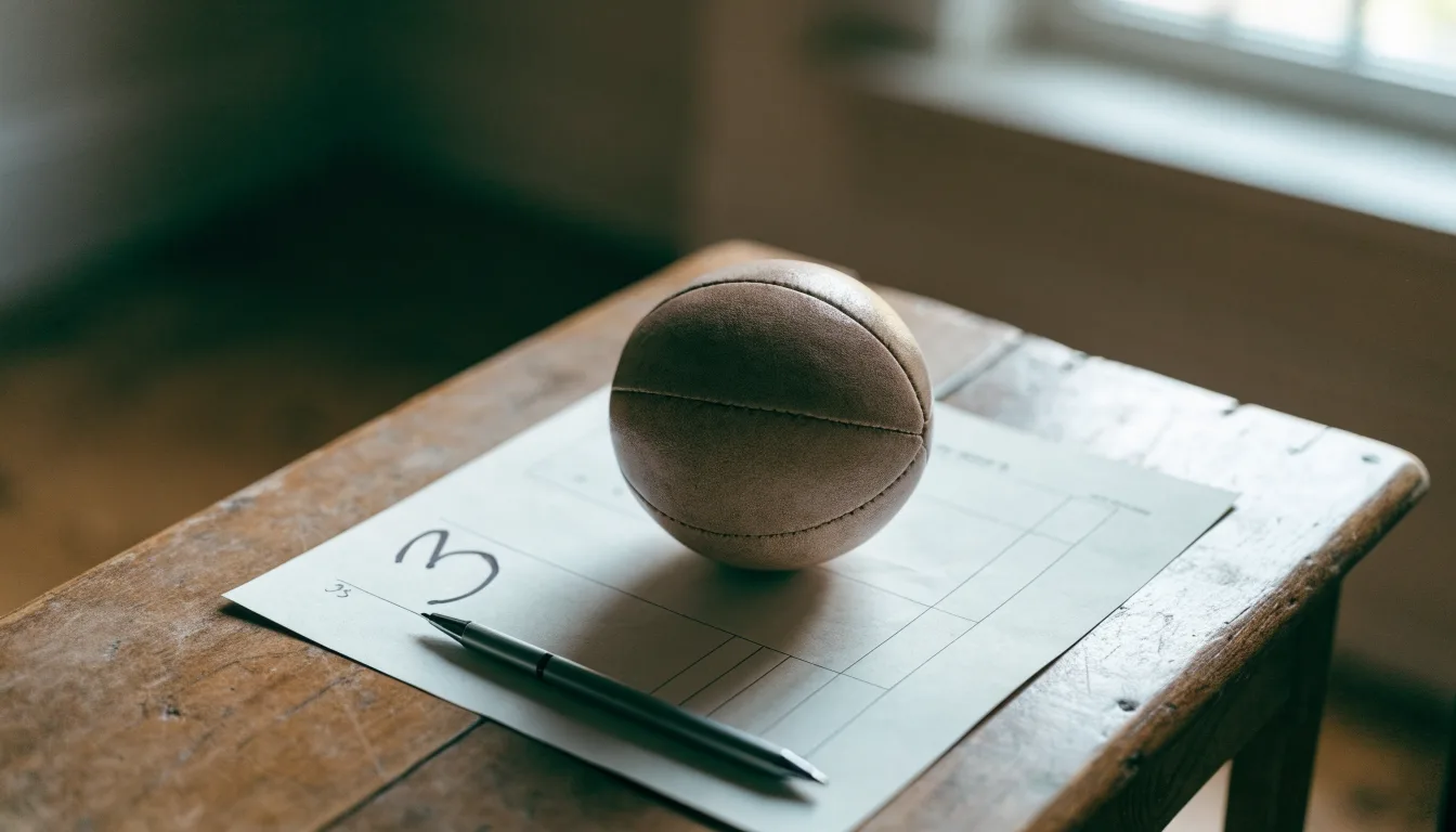 Un pallone da calcio appoggiato su una schedina bianca su un tavolo di legno, alla luce del giorno
