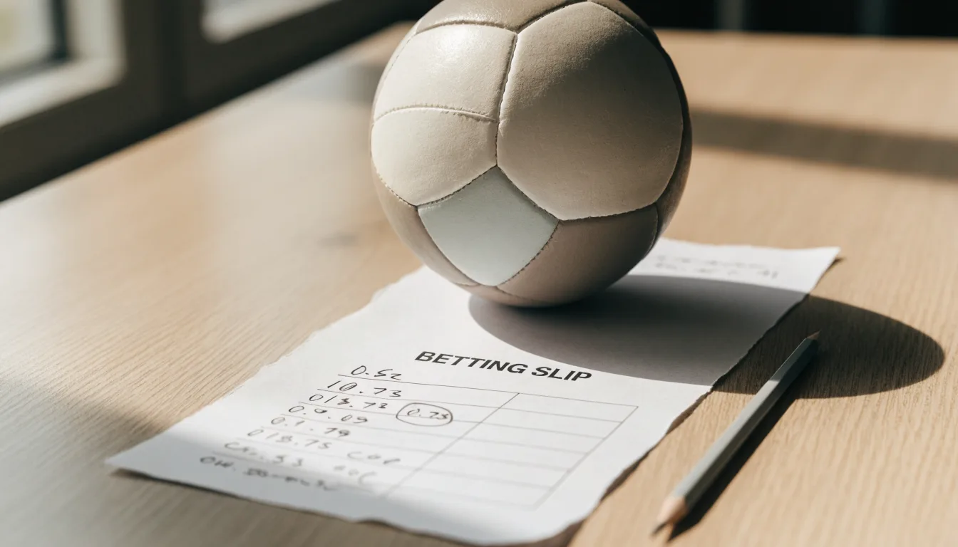 Un pallone da calcio appoggiato su una schedina bianca su un tavolo di legno, alla luce del giorno