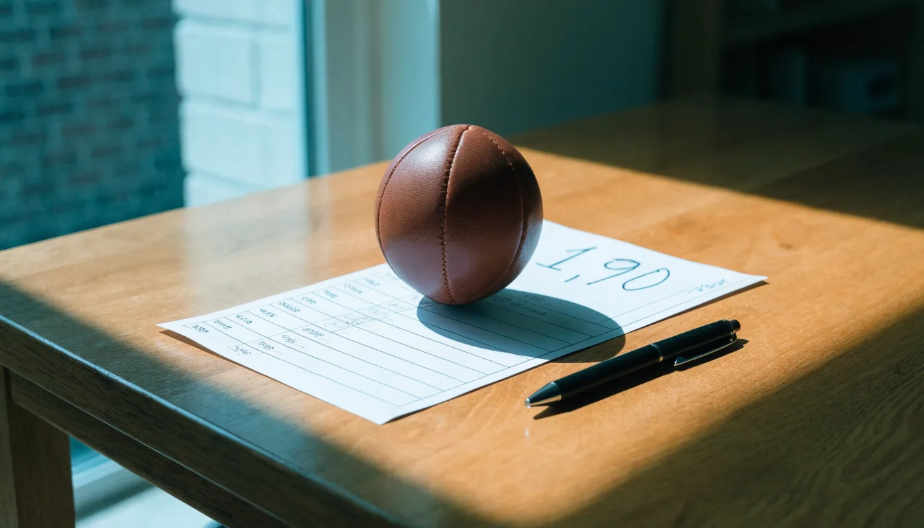 Un pallone da calcio appoggiato su una schedina bianca su un tavolo di legno, alla luce del giorno