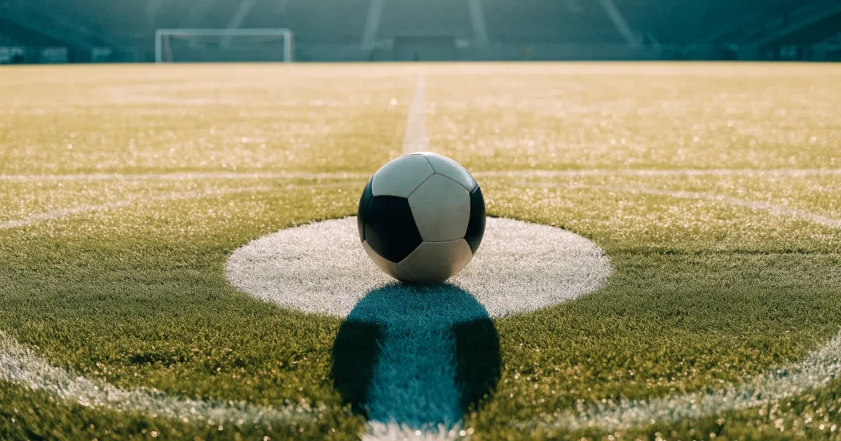 Un pallone da calcio sul dischetto del centrocampo di un prato, alla luce del mattino