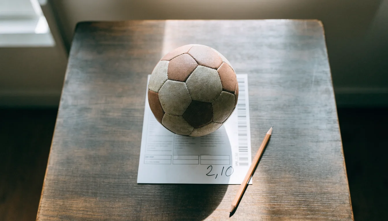 Un pallone da calcio appoggiato su una schedina bianca su un tavolo di legno, alla luce del giorno