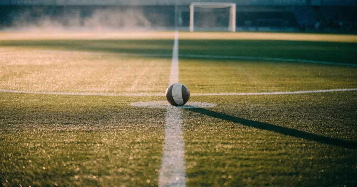 Un pallone da calcio sul dischetto del centrocampo di un prato, alla luce del mattino