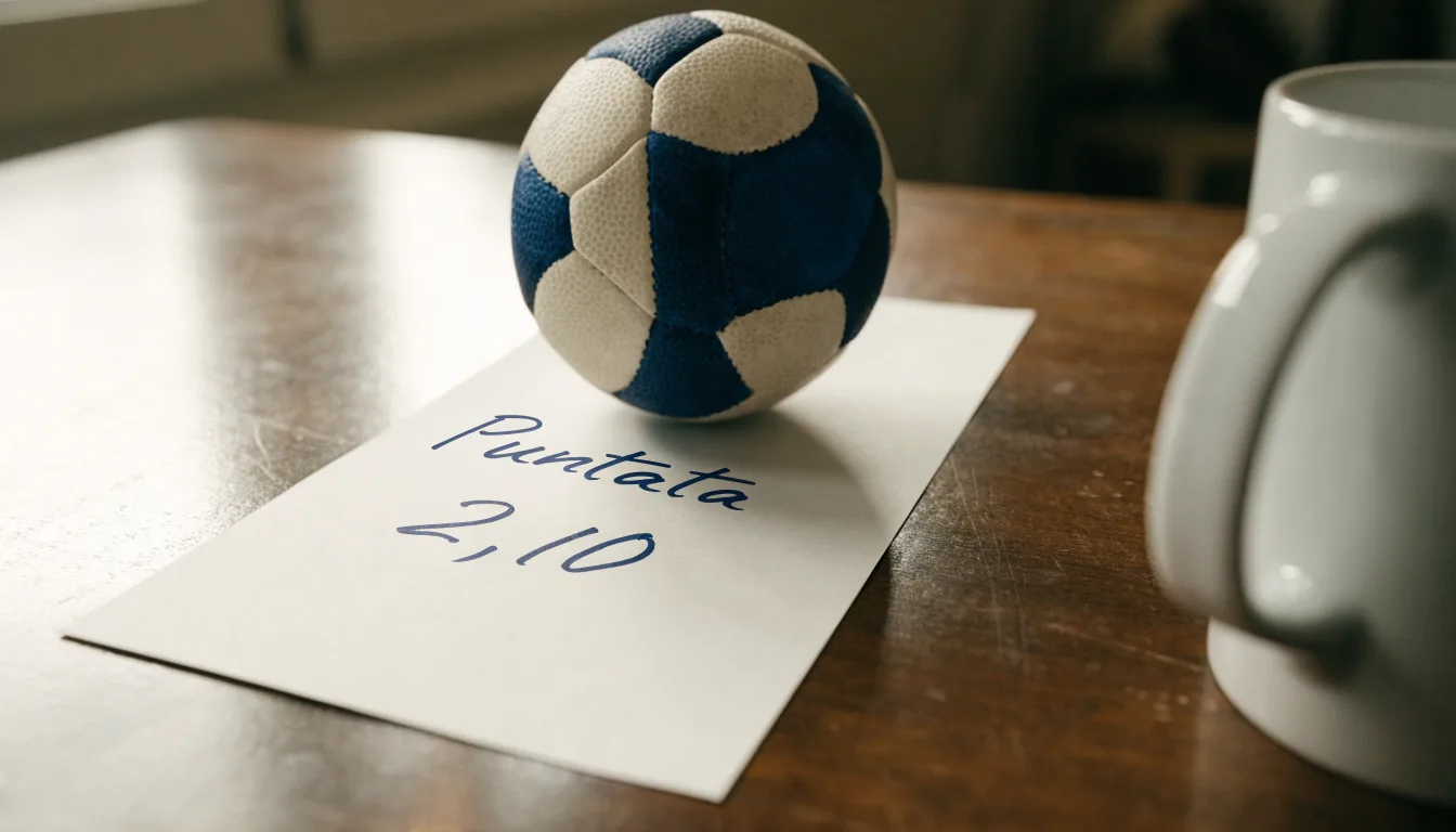 Un pallone da calcio appoggiato su una schedina bianca su un tavolo di legno, alla luce del giorno