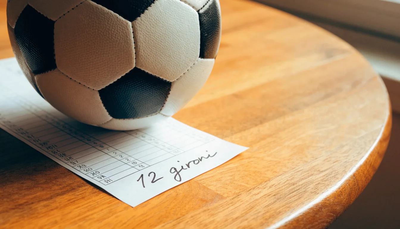 Un pallone da calcio appoggiato su una schedina bianca su un tavolo di legno, alla luce del giorno