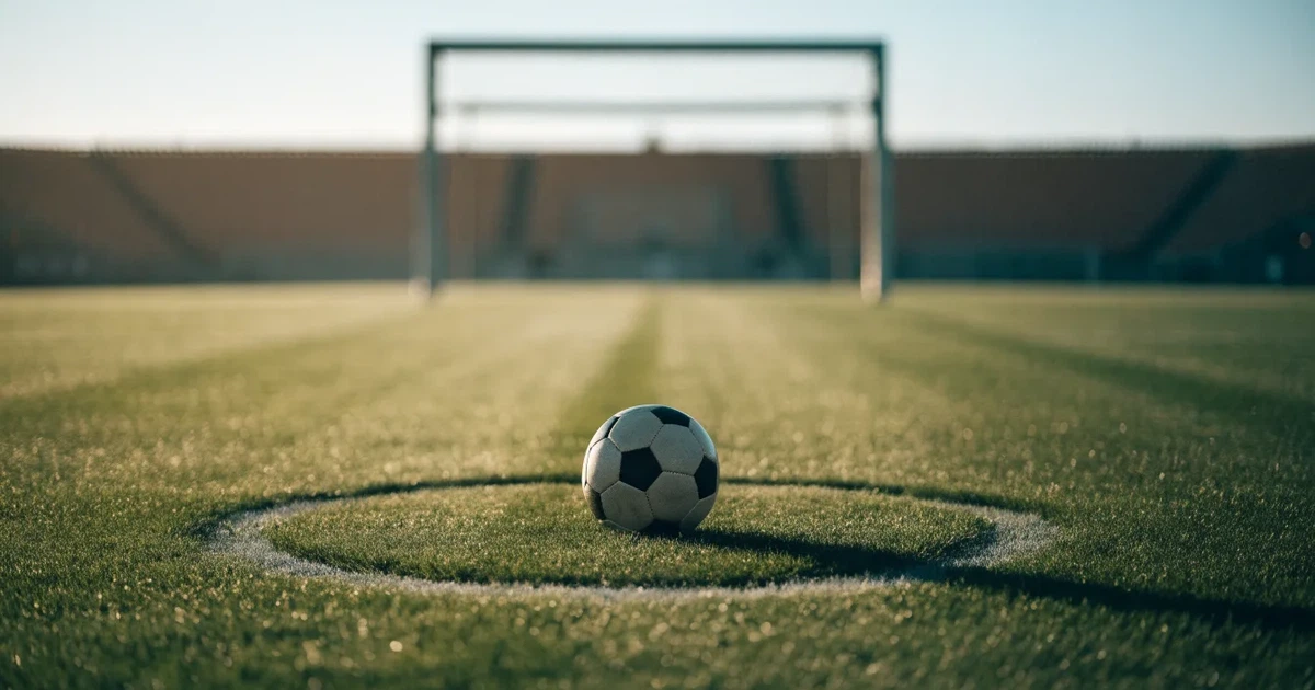 Un pallone da calcio sul dischetto del centrocampo di un prato, alla luce del mattino