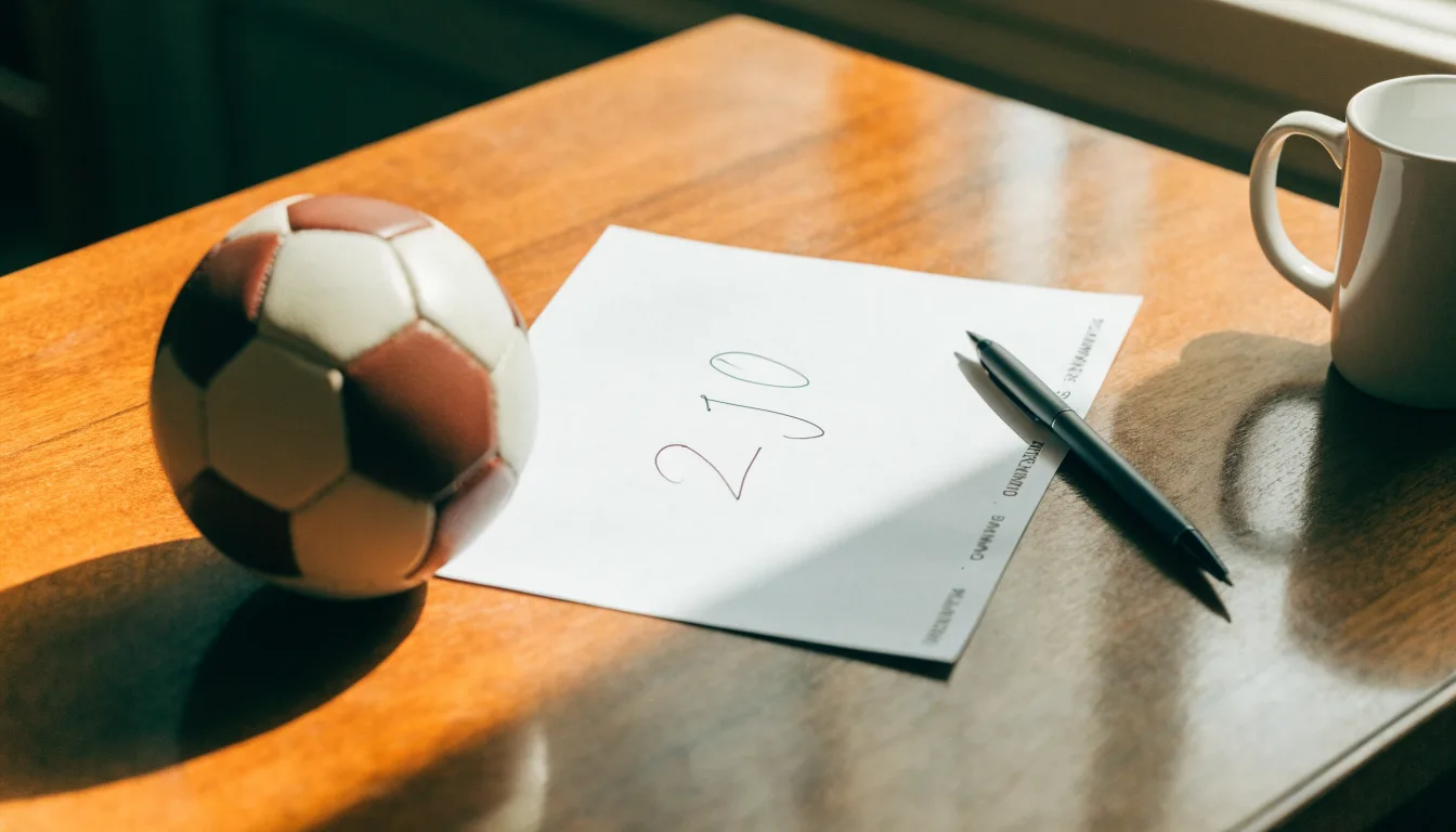 Un pallone da calcio appoggiato su una schedina bianca su un tavolo di legno, alla luce del giorno