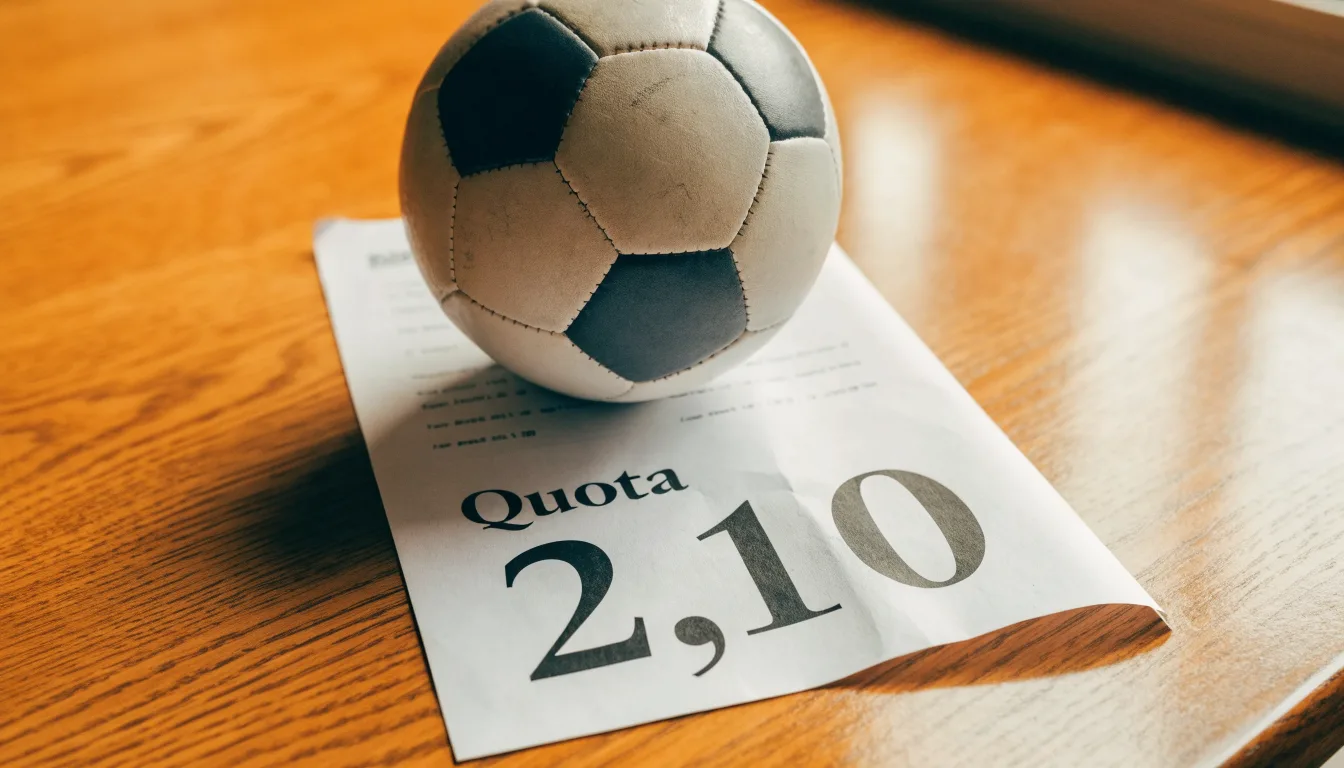 Un pallone da calcio appoggiato su una schedina bianca su un tavolo di legno, alla luce del giorno