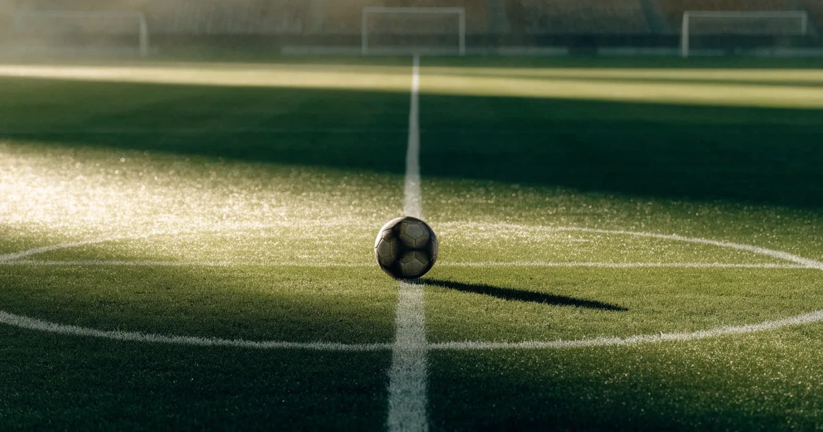 Un pallone da calcio sul dischetto del centrocampo di un prato, alla luce del mattino