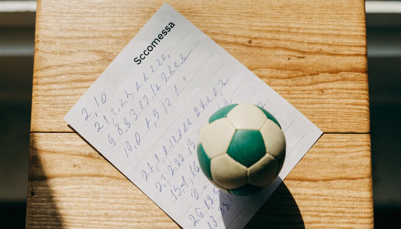 Un pallone da calcio appoggiato su una schedina bianca su un tavolo di legno, alla luce del giorno
