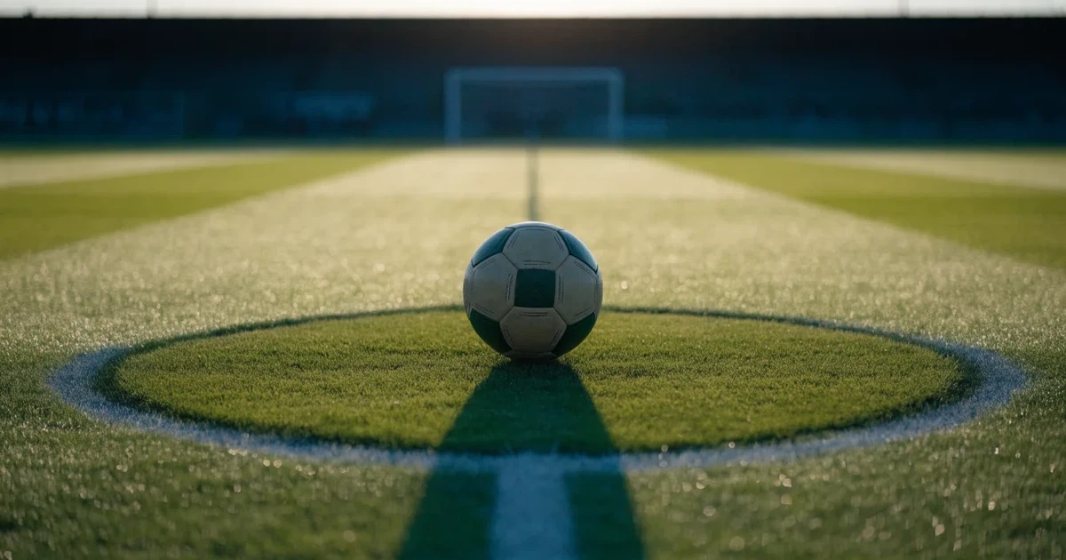 Un pallone da calcio sul dischetto del centrocampo di un prato, alla luce del mattino
