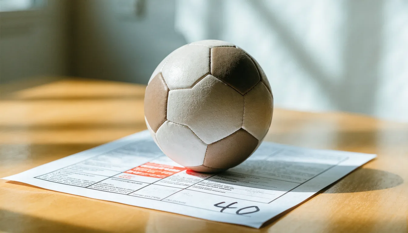 Un pallone da calcio appoggiato su una schedina bianca su un tavolo di legno, alla luce del giorno