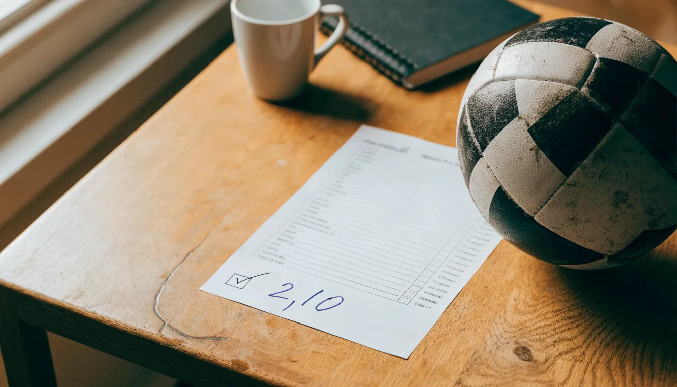 Un pallone da calcio appoggiato su una schedina bianca su un tavolo di legno, alla luce del giorno