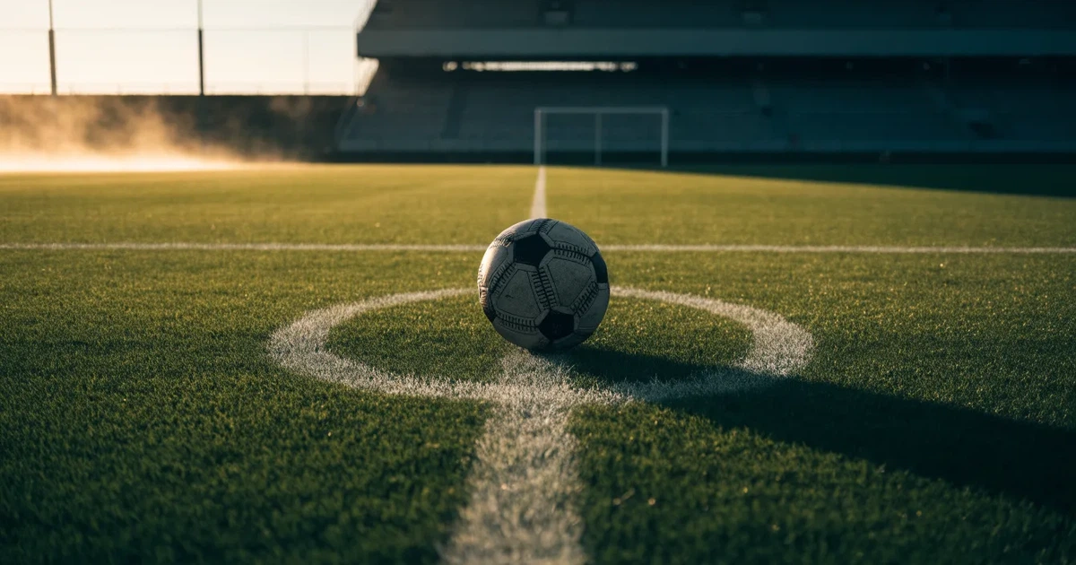Un pallone da calcio sul dischetto del centrocampo di un prato, alla luce del mattino