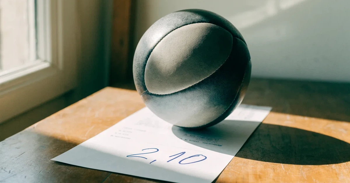 Un pallone da calcio appoggiato su una schedina bianca su un tavolo di legno, alla luce del giorno