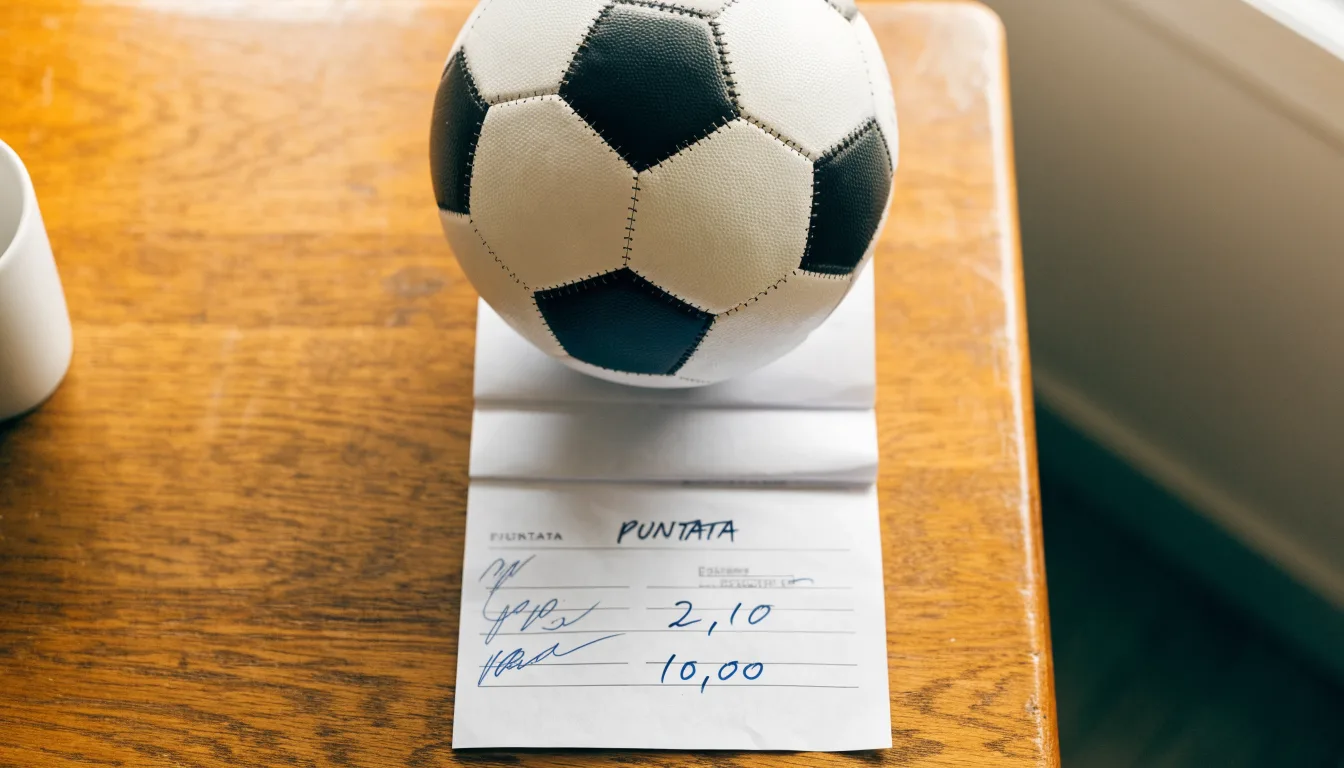 Un pallone da calcio appoggiato su una schedina bianca su un tavolo di legno, alla luce del giorno