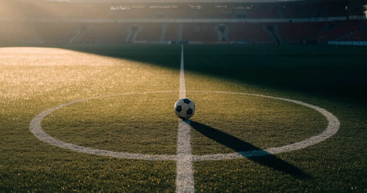 Un pallone da calcio sul dischetto del centrocampo di un prato, alla luce del mattino
