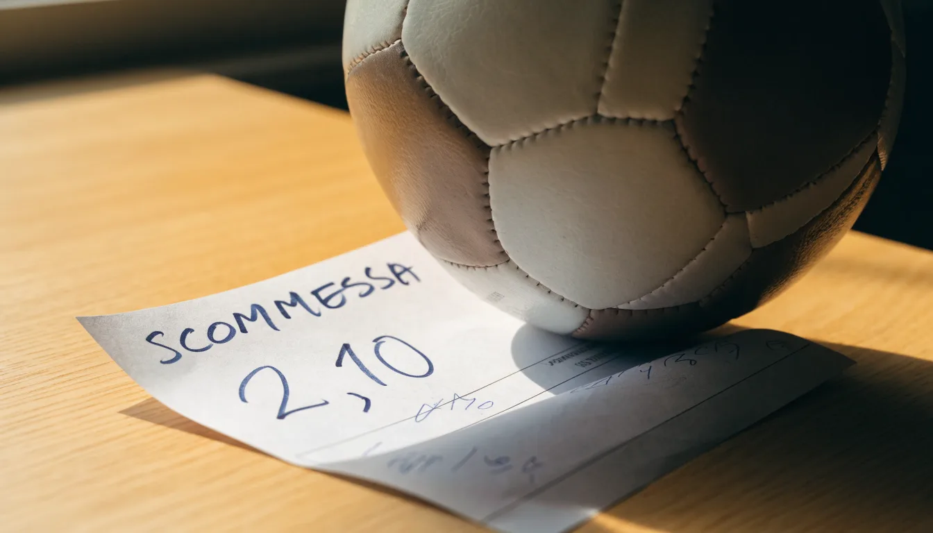 Un pallone da calcio appoggiato su una schedina bianca su un tavolo di legno, alla luce del giorno